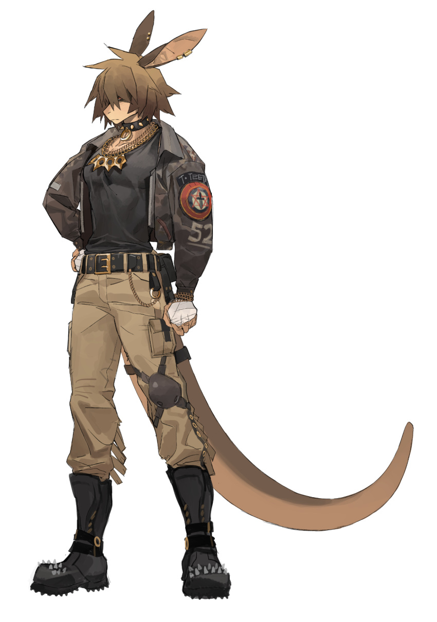 1boy, arm_at_side, belt, belt_chain, black_footwear, black_jacket, black_shirt, body_fur