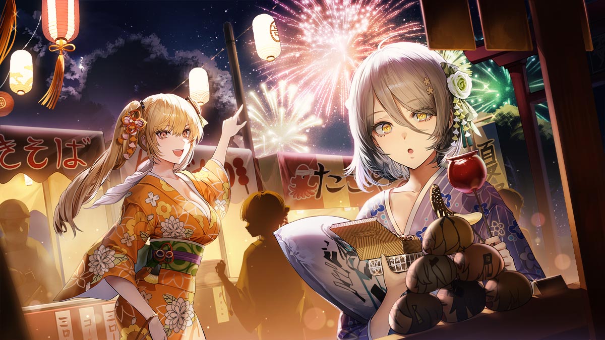 acacia_(snowbreak), aerial_fireworks, blonde_hair, candy_apple, chocolate_banana, fenny_golden, festival, fireworks