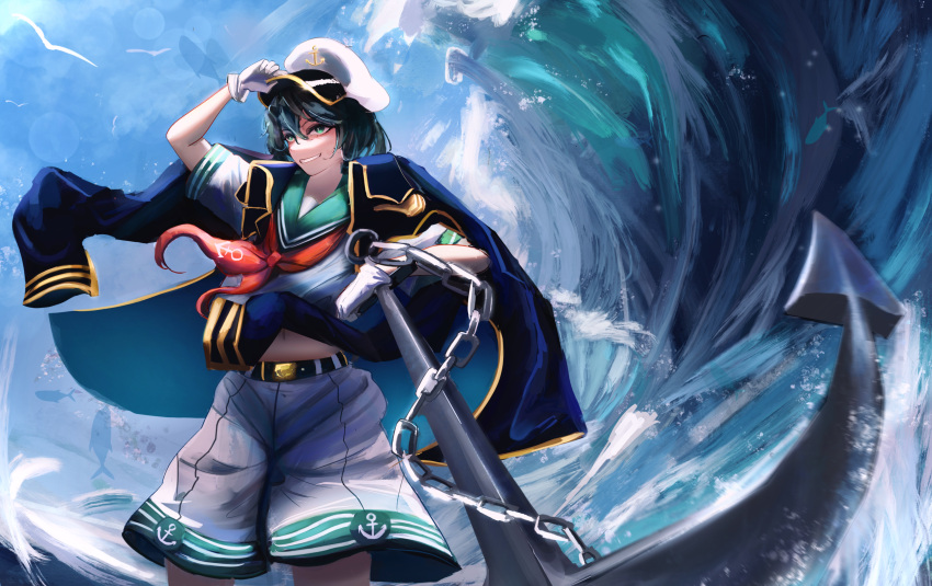 1girl, absurdres, anchor, anchor_symbol, black_coat, black_hair, chain, coat