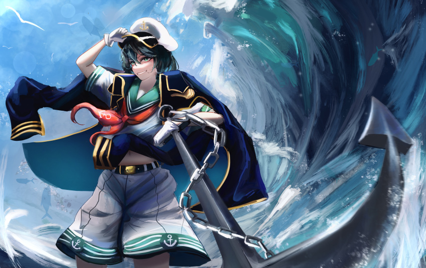 1girl, absurdres, anchor, anchor_symbol, bad_id, bad_pixiv_id, black_coat, black_hair
