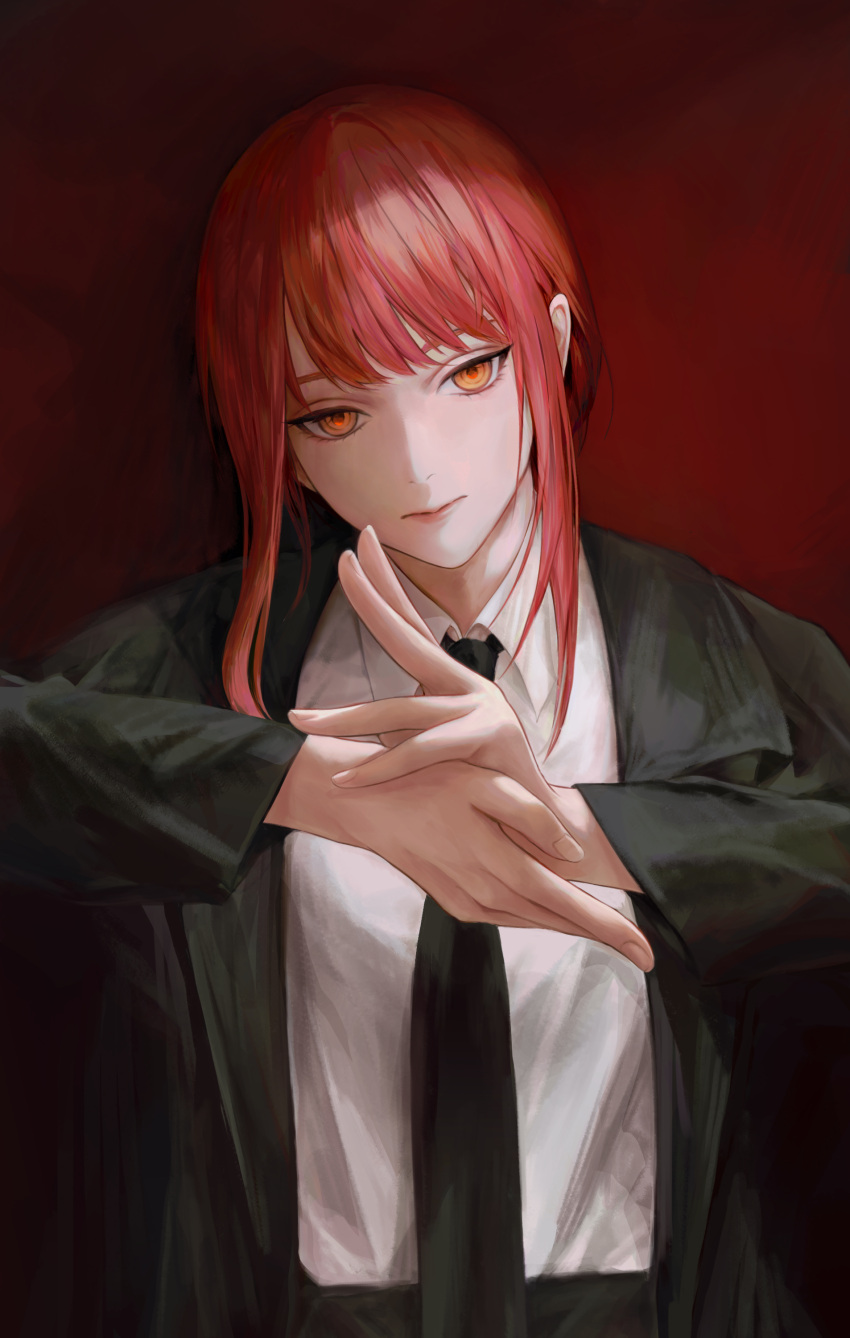 1girl, absurdres, black_coat, black_necktie, business_suit, chainsaw_man, closed_mouth, coat
