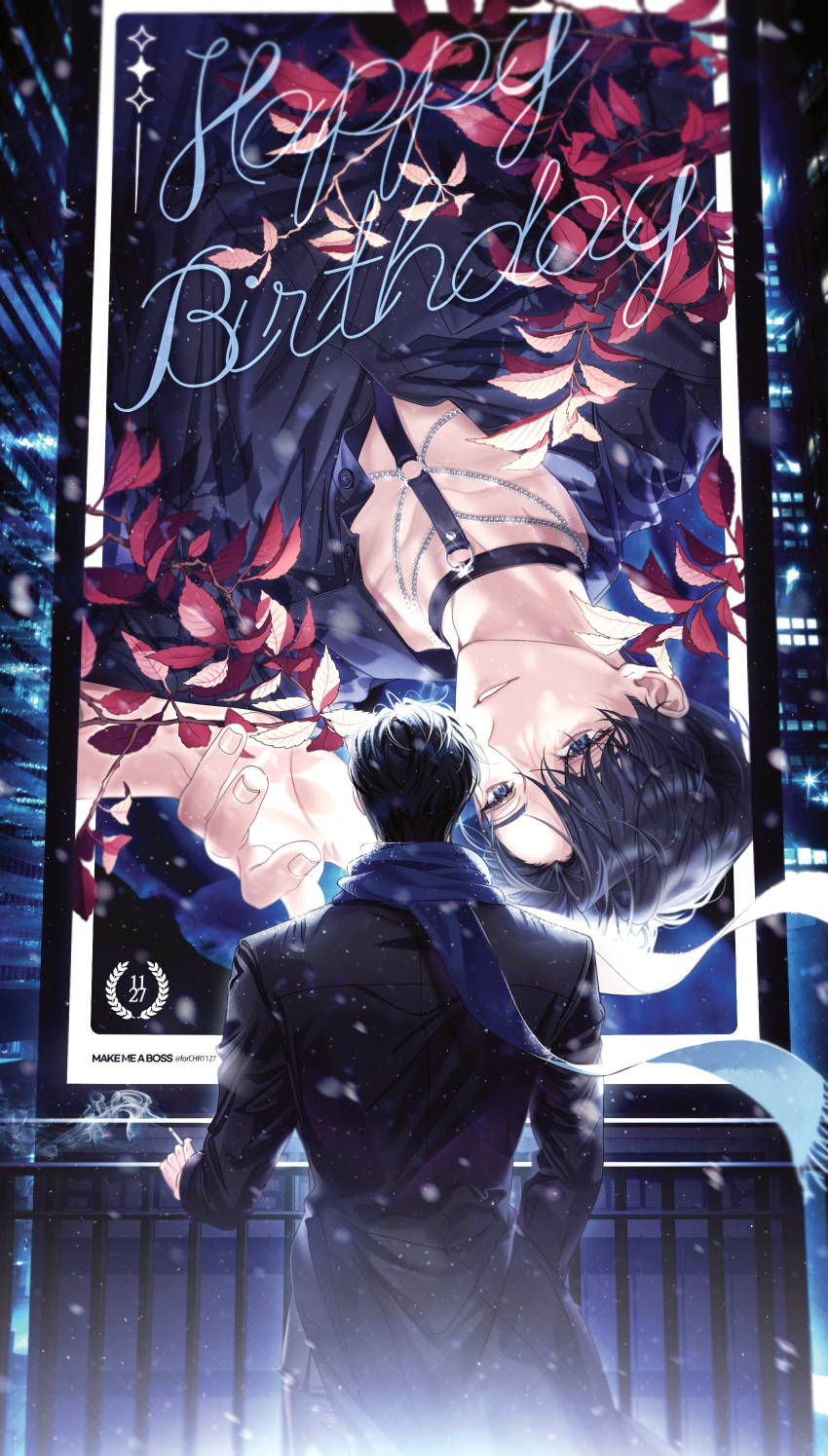 1boy, absurdres, black_choker, blue_eyes, blue_scarf, cheongryeo, choker, cowboy_shot