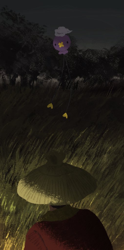 1other, ambiguous_gender, black_hair, drifloon, facing_away, field, floating, foliage