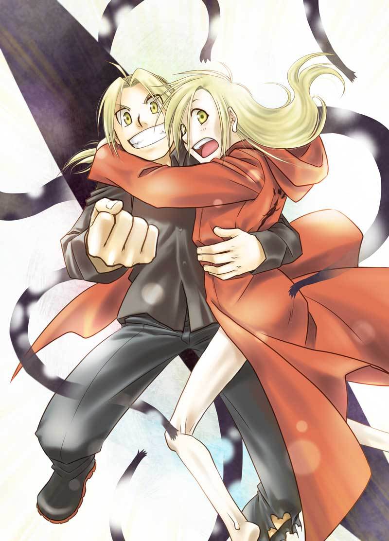 ahoge, alphonse_elric, amber_eyes, blonde_hair, coat, edward_elric, full_metal_alchemist, fullmetal_alchemist, fullmetal_alchemist_brotherhood, hood, hoodie, hug, long_hair, male, pair, ponytail, smile, yellow_eyes
