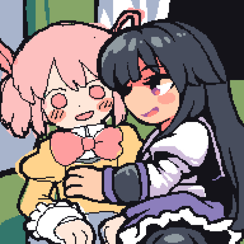 2girls, akemi_homura, animated, animated_gif, black_hair, blush, bow, bowtie