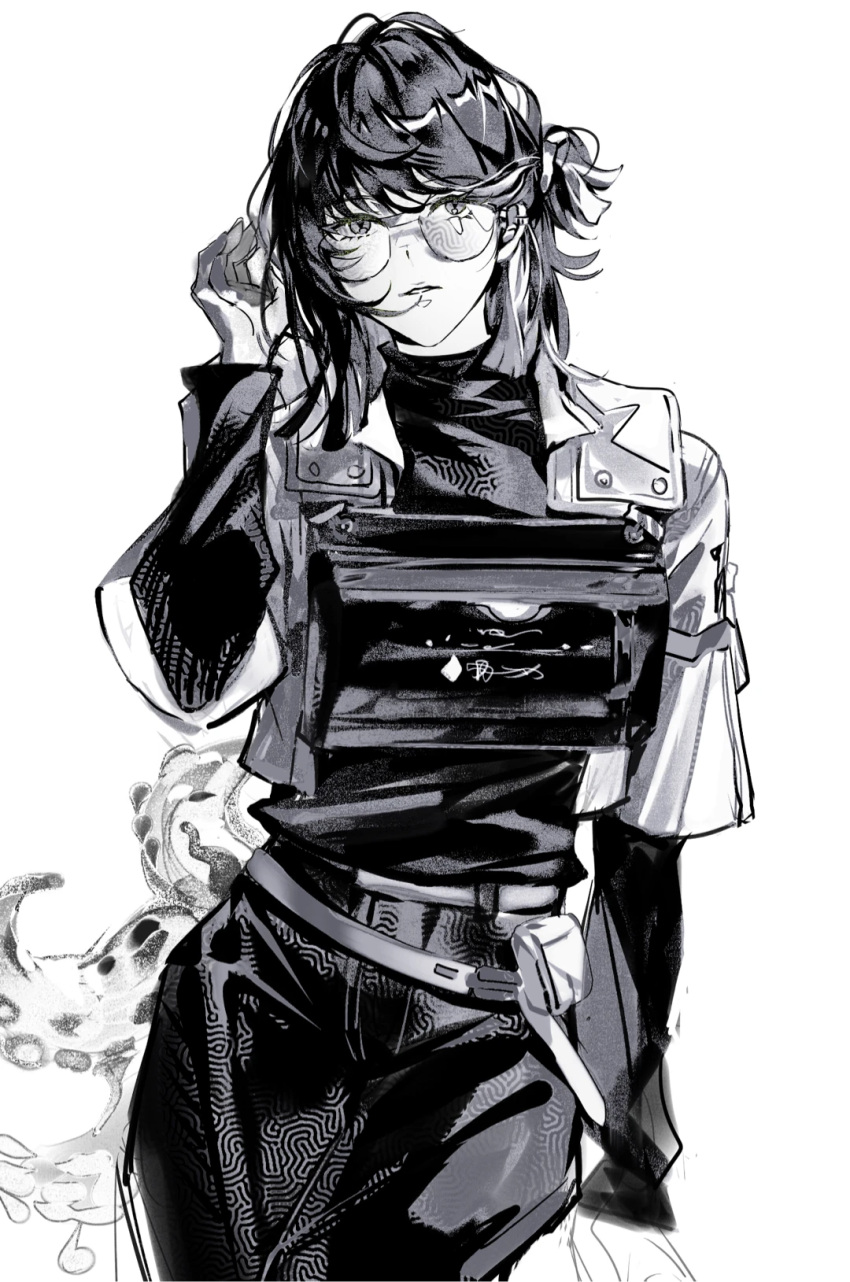 1girl, andreana_(arknights), andreana_(silent_arrow)_(arknights), arknights, commentary, cowboy_shot, cropped_jacket, glasses
