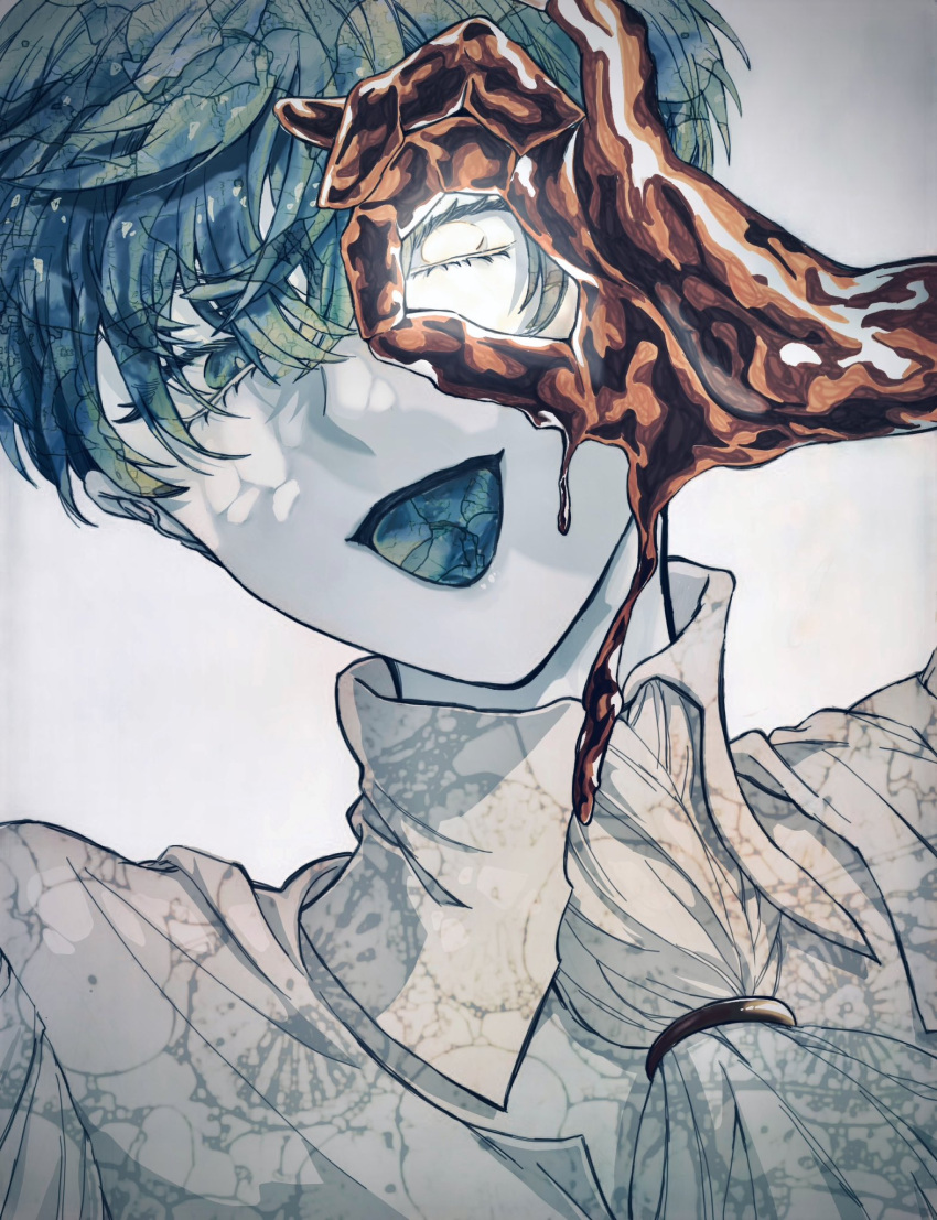 1other, ascot, blue_eyes, blue_hair, bowl_cut, glowing, glowing_eye, golden_arms