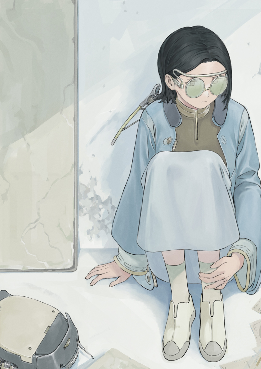 1girl, absurdres, black_hair, brown_shirt, chenrong96, glasses, hair_behind_ear, highres