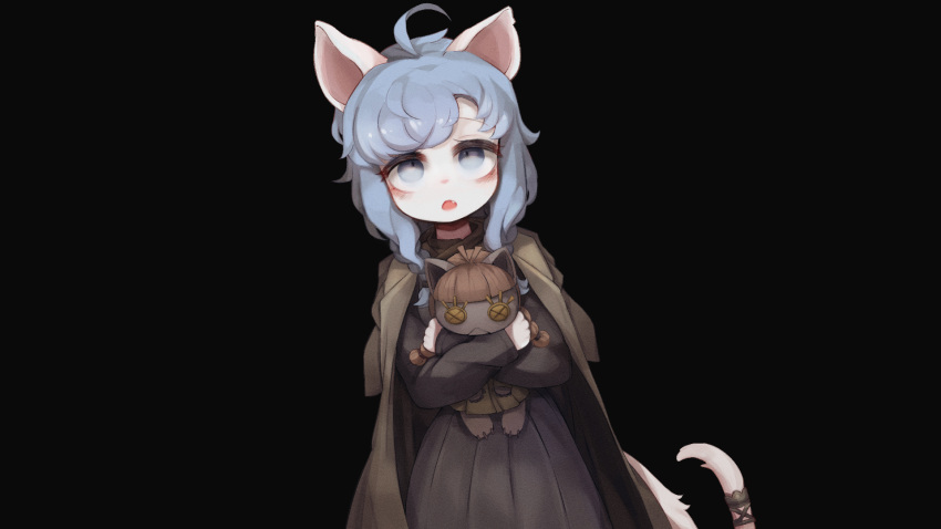 1girl, :o, ahoge, animal_ears, bags_under_eyes, black_background, black_dress, blue_eyes