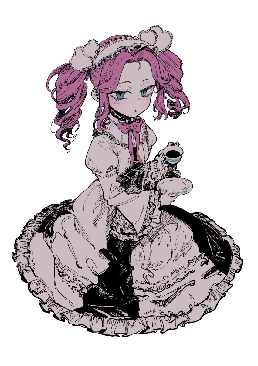 1girl, black_dress, blue_eyes, blush, bow, bowtie, circle_skirt, cup, dress, frilled_skirt, frilled_sleeves, frills, gothic_lolita, hairband, half-closed_eyes, highres, holding, holding_cup, holding_saucer, jitome, juliet_sleeves, llll_nnmn, lolita_fashion, lolita_hairband, long_sleeves, looking_at_viewer, multicolored_clothes, multicolored_dress, parted_lips, pink_bow, pink_bowtie, pink_hair, puffy_sleeves, raised_eyebrows, saucer, shikoku_metan, sidelocks, simple_background, sitting, skirt, solo, teacup, voiceroid, white_background, white_dress, wide_sleeves