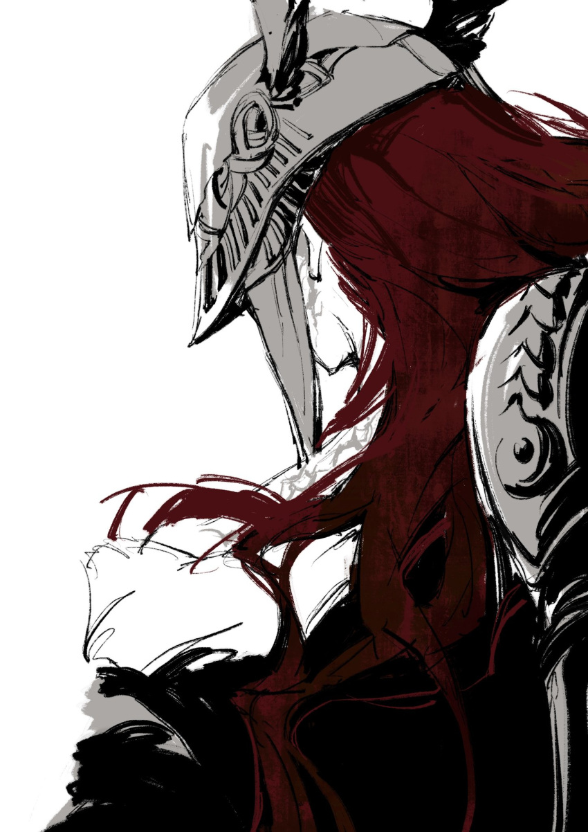 1girl, armor, covered_face, elden_ring, helmet, highres, jiao_chang, long_hair