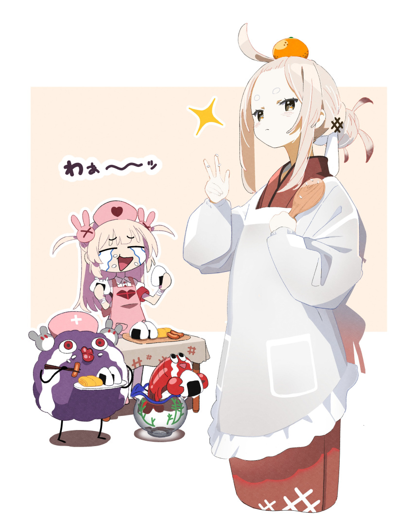 2girls, :<, absurdres, ahoge, alternate_costume, alternate_hairstyle, apron, armband