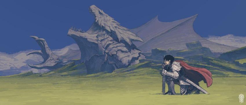 1boy, armor, armored_boots, black_hair, boots, cape, commentary_request, day