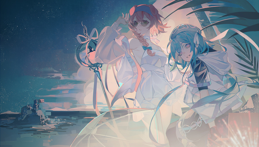 1boy, 1girl, 1other, absurdres, alternate_costume, animal_ears, arknights, arm_up, bare_shoulders, black_pants, blue_hair, blue_hairband, braid, cat_ears, cat_girl, choker, commentary_request, doctor, doctor_(arknights), dress, feet_out_of_frame, floppy_ears, goldenglow_(arknights), grin, hairband, hat, highres, holding, holding_sign, hood, hood_down, hoodie, island, jacket, long_hair, long_sleeves, looking_at_viewer, looking_back, mizuki_(arknights), night, ocean, open_clothes, open_jacket, open_shirt, outdoors, pants, parted_lips, pink_eyes, pink_hair, see-through, see-through_sleeves, shirt, short_hair_with_long_locks, sign, single_braid, sitting, smile, staff, strapless, strapless_dress, sunglasses, tono_(535190887), transparent, transparent_umbrella, umbrella, white_choker, white_dress, white_headwear, white_hoodie, white_shirt