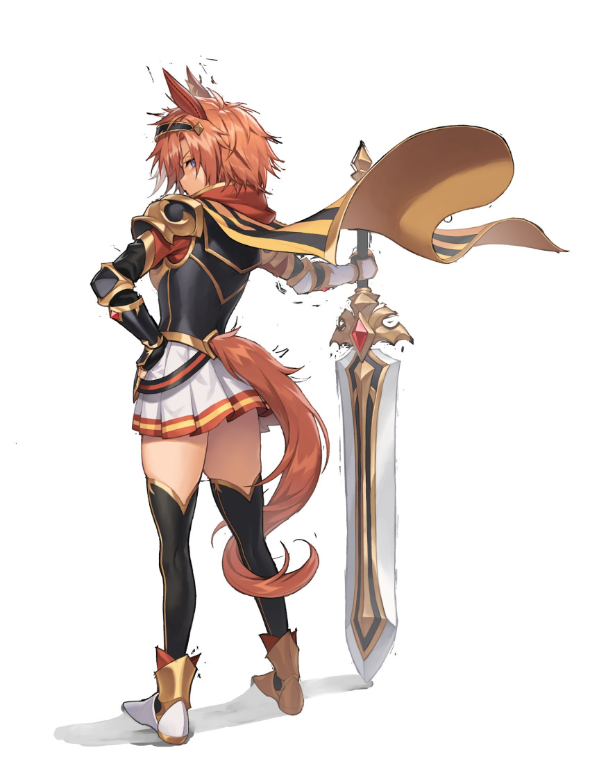 1girl, animal_ears, armor, black_thighhighs, blue_eyes, brown_hair, cape, charisma_break