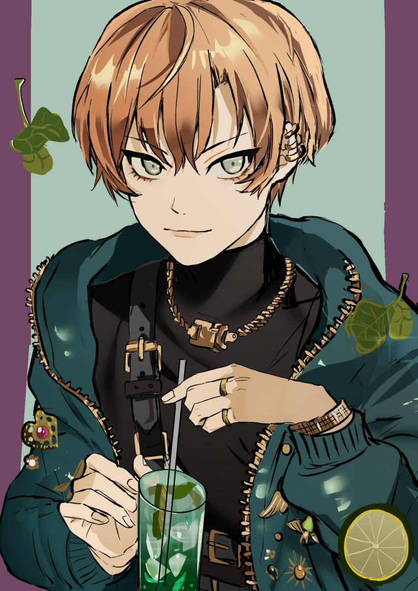 1boy, black_shirt, blue_hoodie, closed_mouth, earrings, glasses, gold_bracelet, gold_necklace
