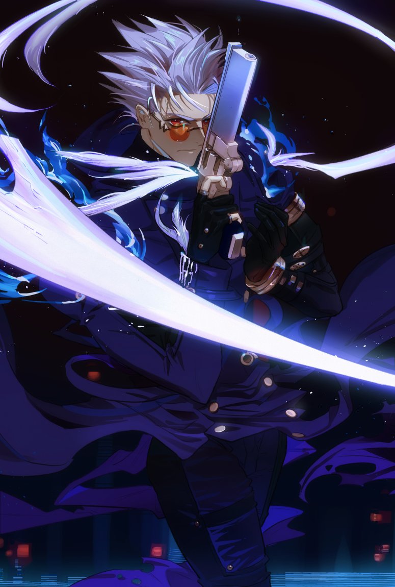 1boy, alternate_color, alternate_eye_color, alternate_hair_color, asymmetrical_gloves, asymmetrical_sleeves, black_pants, blue_coat