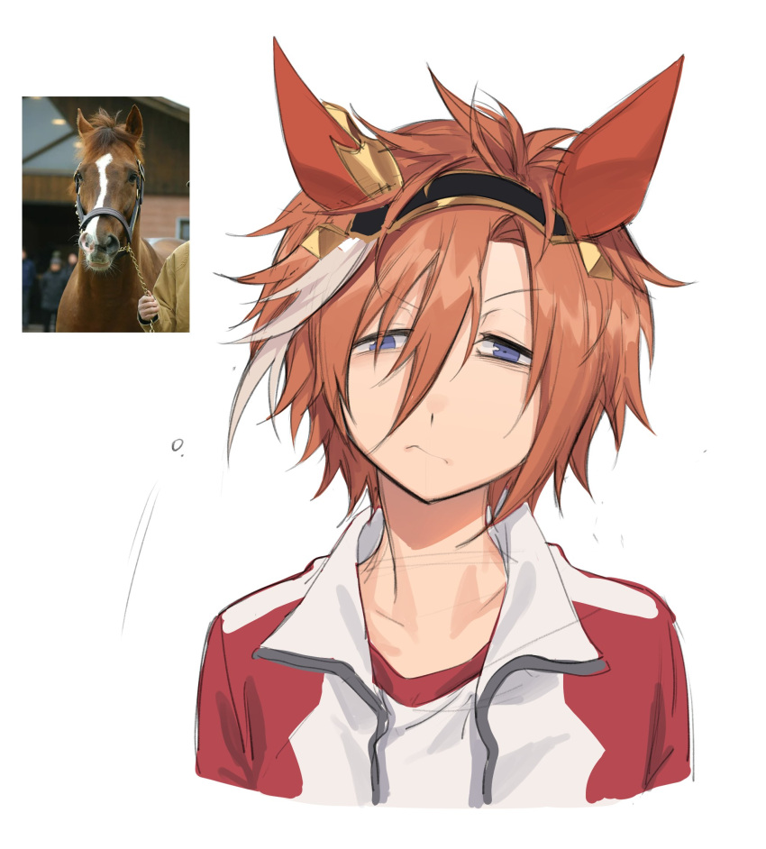 1girl, blue_eyes, bridle, commentary, creature_and_personification, durandal_(racehorse), ear_covers, ear_ornament