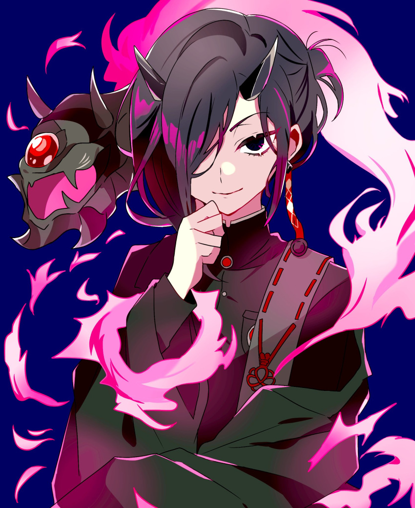 1other, asymmetrical_hair, black_eyes, black_hair, black_horns, black_jacket, blue_background, closed_mouth