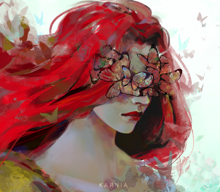 1girl, bug, butterfly, butterfly_in_eye, butterfly_on_face, butterfly_on_nose, covered_eyes, elden_ring