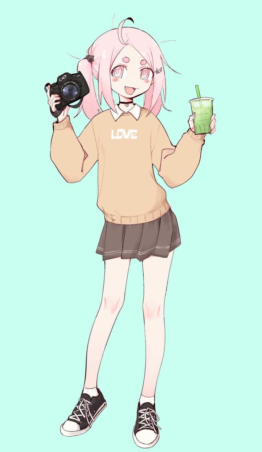 1girl, absurdres, ahoge, black_choker, blush_stickers, brown_skirt, brown_sweater, camera