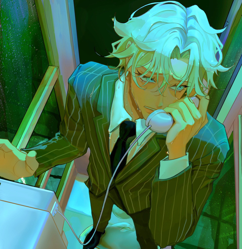 1boy, aqua_eyes, aqua_hair, black_necktie, character_request, check_character, check_copyright, collared_shirt, copyright_request, dottore_(genshin_impact), facing_viewer, formal, genshin_impact, green_pants, green_suit, highres, holding, holding_phone, looking_to_the_side, male_focus, necktie, pants, phone, phone_booth, pokipon, shirt, solo, suit, white_shirt, window