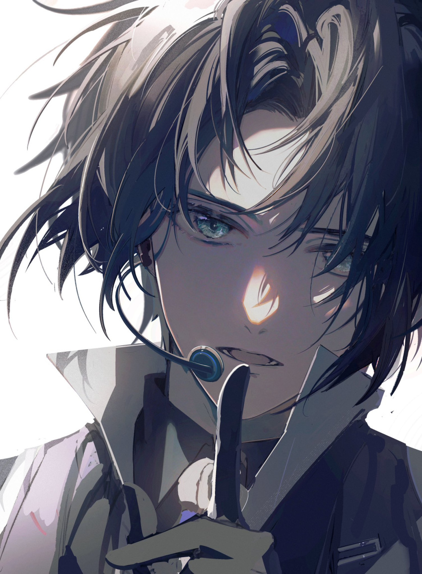 1boy, 25d03427899, black_gloves, black_hair, black_shirt, blue_eyes, collared_shirt, finger_to_mouth, gloves, headset, highres, idolish7, izumi_iori, jacket, looking_at_viewer, male_focus, open_mouth, shirt, short_hair, shushing, solo, teeth, white_background, white_jacket