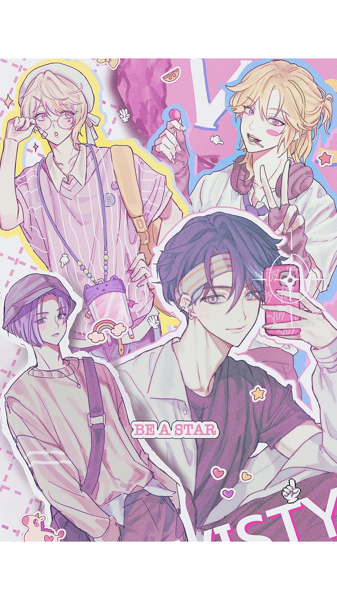 4boys, bishounen, black_hair, blonde_hair, blue_eyes, blue_hair, glasses, group_name