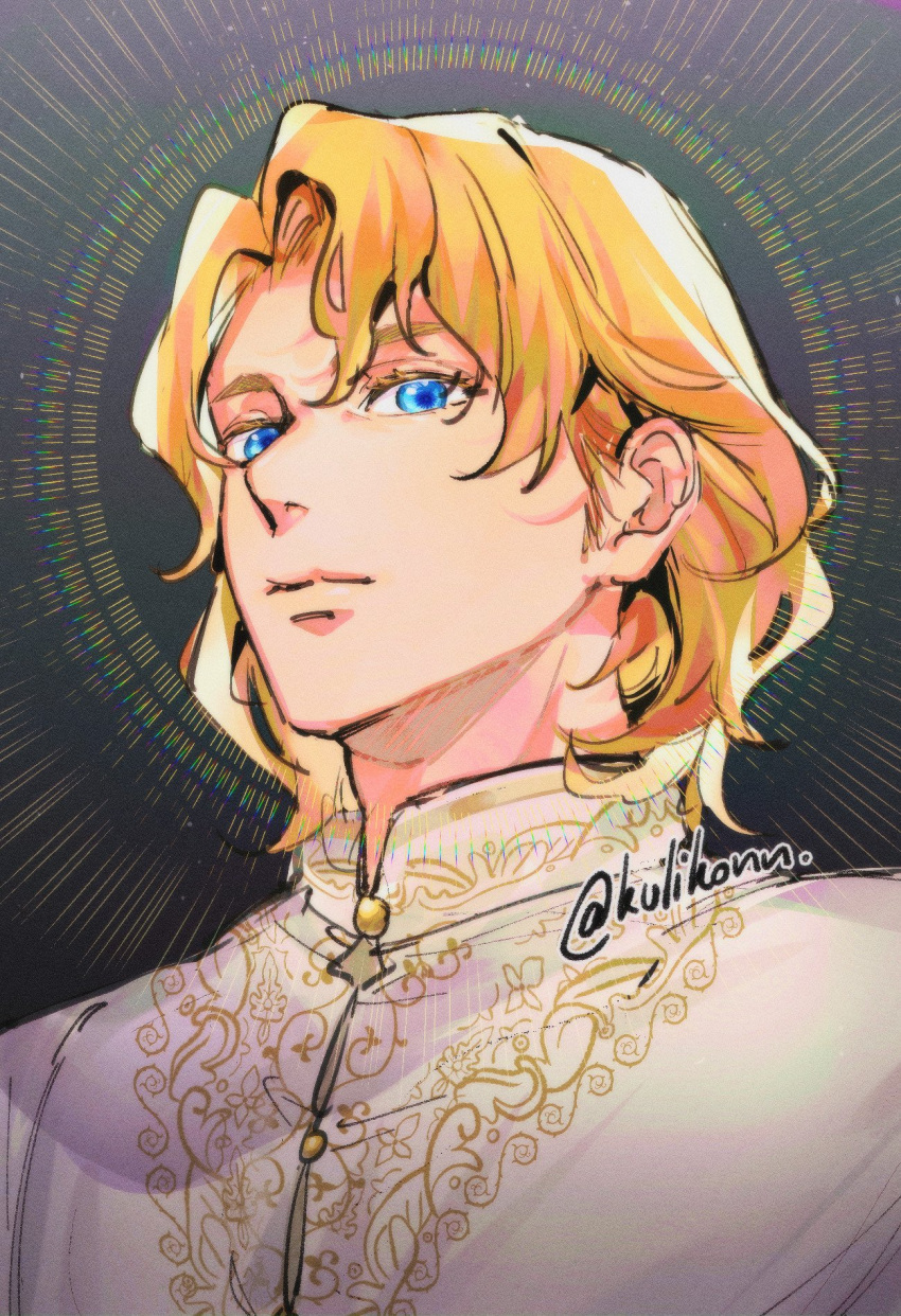 1boy, alternate_universe, animification, blonde_hair, blue_eyes, commentary, highres, king_baldwin_iv, kingdom_of_heaven, kulissara-aung, male_focus, medium_hair, portrait, solo, twitter_username