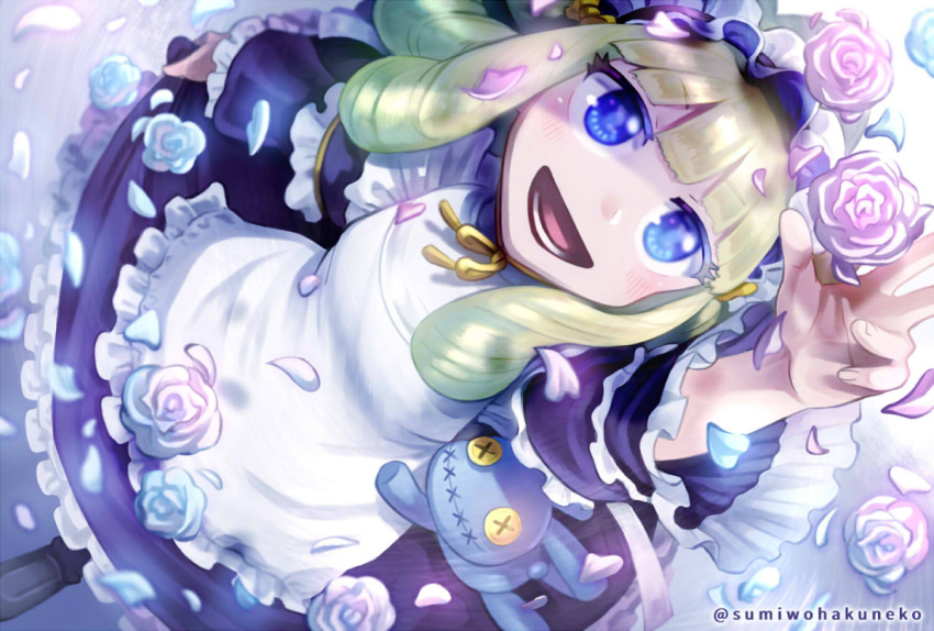 1girl, alice_(housamo), apron, blonde_hair, blue_eyes, blunt_bangs, button_eyes, dress
