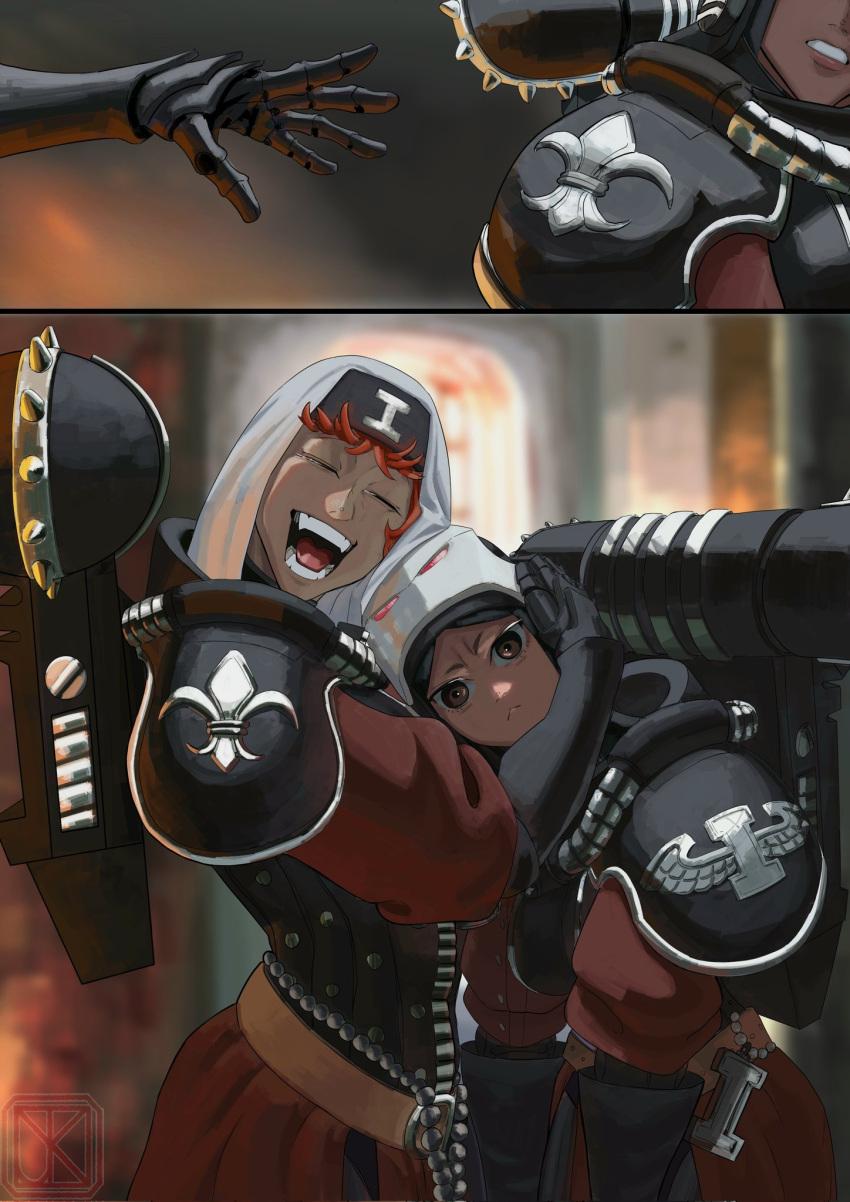 adepta_sororitas, armor, blurry, blurry_background, brown_eyes, closed_eyes, dark_skin, fleur-de-lis