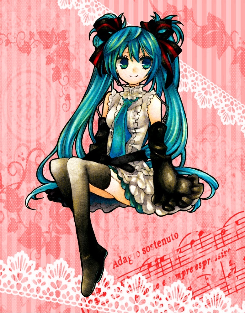 aqua_eyes, aqua_hair, bow, detached_sleeves, frills, hair_bow, hair_ribbon, hatsune_miku, long_hair, necktie, ribbon, sitting, skirt, smile, solo, thigh-highs, thighhighs, twintails, very_long_hair, vocaloid, yucke_(artist), zettai_ryouiki