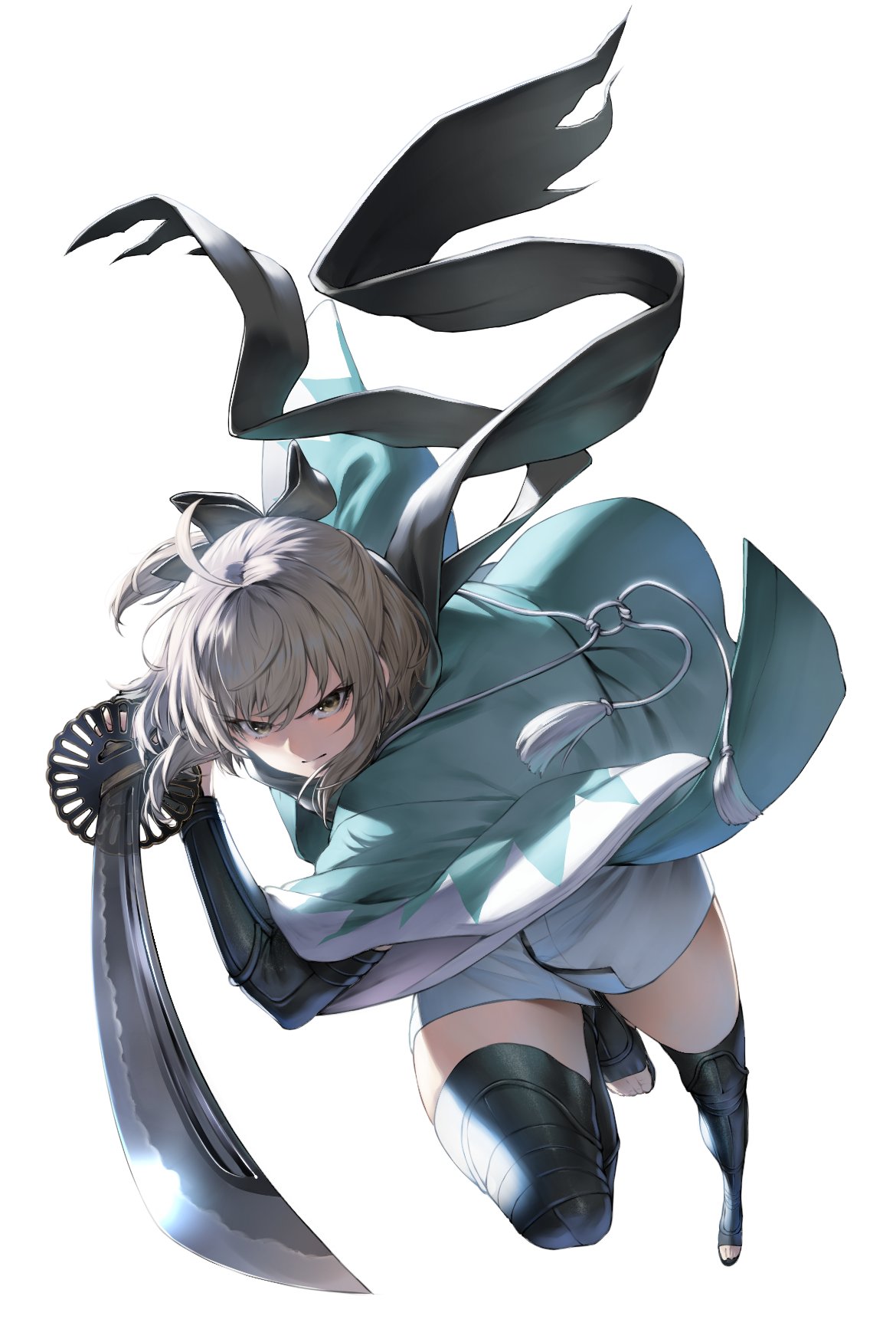 ahoge, arm_guards, black_bow, black_scarf, black_thighhighs, blonde_hair, bow, closed_mouth