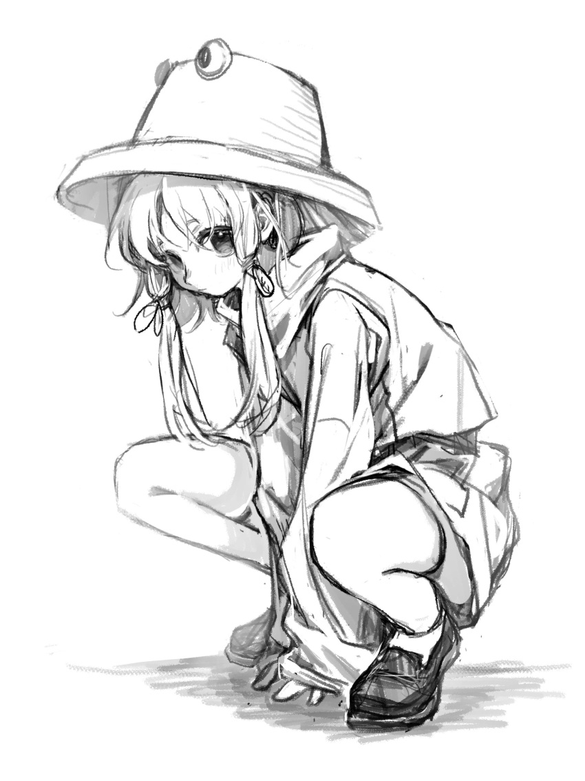 1girl, 80isiiii, absurdres, blush, closed_mouth, full_body, greyscale, hair_ribbon, hat, highres, long_hair, long_sleeves, monochrome, moriya_suwako, ribbon, shirt, shoes, simple_background, sketch, skirt, solo, squatting, touhou, tress_ribbon, vest, white_background, wide_sleeves
