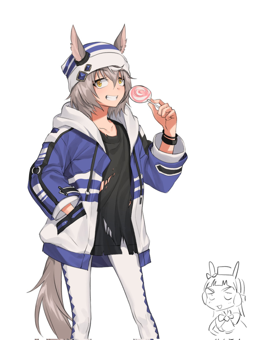 2girls, animal_ears, beanie, black_shirt, blue_jacket, blunt_bangs, bow, bowtie, candy, collarbone, commentary, ear_bow, ears_through_headwear, feet_out_of_frame, food, fukuro_(maruaru00), genderswap, genderswap_(mtf), grey_hair, grin, hair_between_eyes, hand_in_pocket, hat, headgear, highres, hishi_miracle_(racehorse), holding, holding_candy, holding_food, holding_lollipop, hood, hooded_jacket, horse_ears, horse_girl, horse_tail, jacket, knees, lollipop, long_sleeves, multiple_girls, original, pants, personification, pillbox_hat, shirt, short_hair, sketch, smile, solo_focus, swirl_lollipop, tail, torn_clothes, torn_shirt, umamusume, white_background, white_headwear, white_hood, white_pants, yellow_eyes