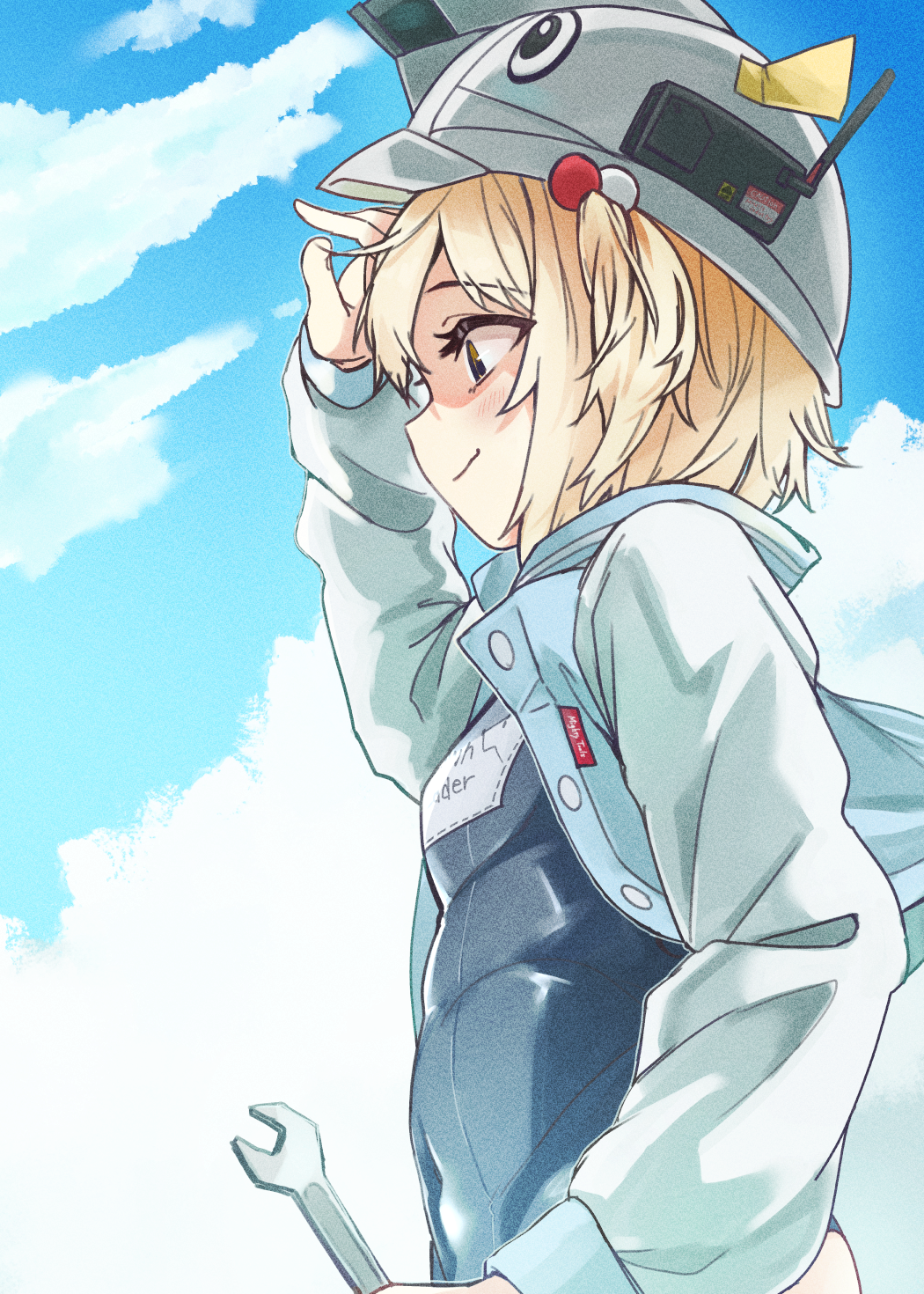 1girl, animal, blonde_hair, blue_jacket, blue_one-piece_swimsuit, brown_eyes, closed_mouth, clothes_writing, covered_navel, goddess_of_victory:_nikke, hair_between_eyes, hand_on_forehead, helmet, highres, jacket, liter_(guardfish)_(nikke), liter_(nikke), long_sleeves, ninchan, one-piece_swimsuit, open_clothes, open_jacket, puffy_long_sleeves, puffy_sleeves, school_swimsuit, swimsuit, white_headwear