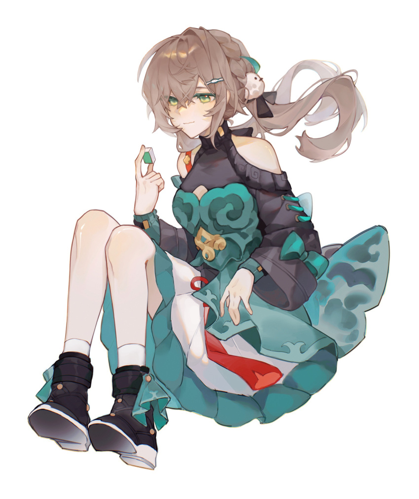 1girl, absurdres, black_footwear, black_shirt, brown_hair, closed_mouth, clothing_cutout, commentary_request