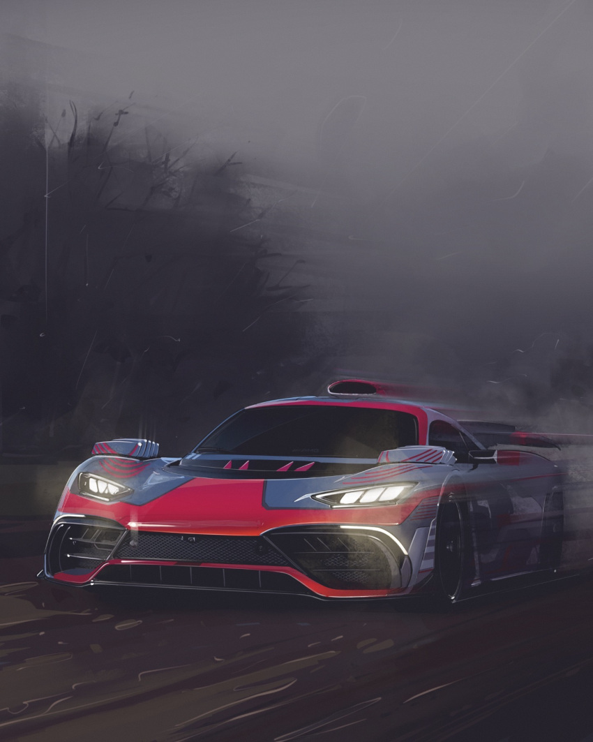 andrew_mytro, car, clouds, cloudy_sky, glowing, highres, mercedes-amg_one, mercedes-benz, motion_blur, motor_vehicle, no_humans, official_art, original, second-party_source, sky, spoiler_(automobile), sports_car, tree, vehicle_focus