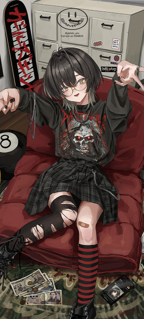 1girl, 8-ball, asymmetrical_legwear, black_hair, black_nails, black_pantyhose, black_shirt, black_skirt