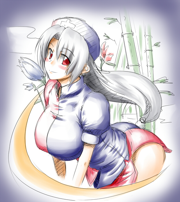 breasts, flower, large_breasts, long_hair, red_eyes, silver_hair, sketch, solo