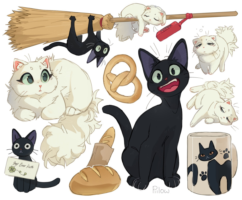 1boy, 1girl, animal_focus, bagel, baguette, bread, broom, broom_riding, cat, closed_mouth, cup, english_text, food, green_eyes, highres, jiji_(majo_no_takkyuubin), lazy_pillow, lily_(majo_no_takkyuubin), looking_at_another, looking_at_viewer, lying, majo_no_takkyuubin, no_humans, open_mouth, sharp_teeth, simple_background, sleepy, smile, studio_ghibli, teeth, tongue, upside-down, variations