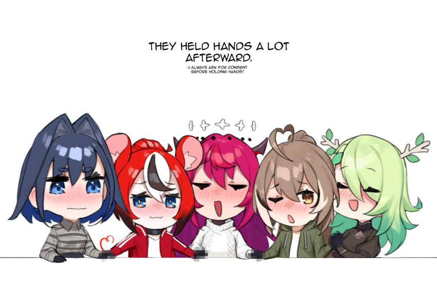 5girls, ahoge, animal_ears, antlers, black_hair, blue_eyes, blue_hair, blush