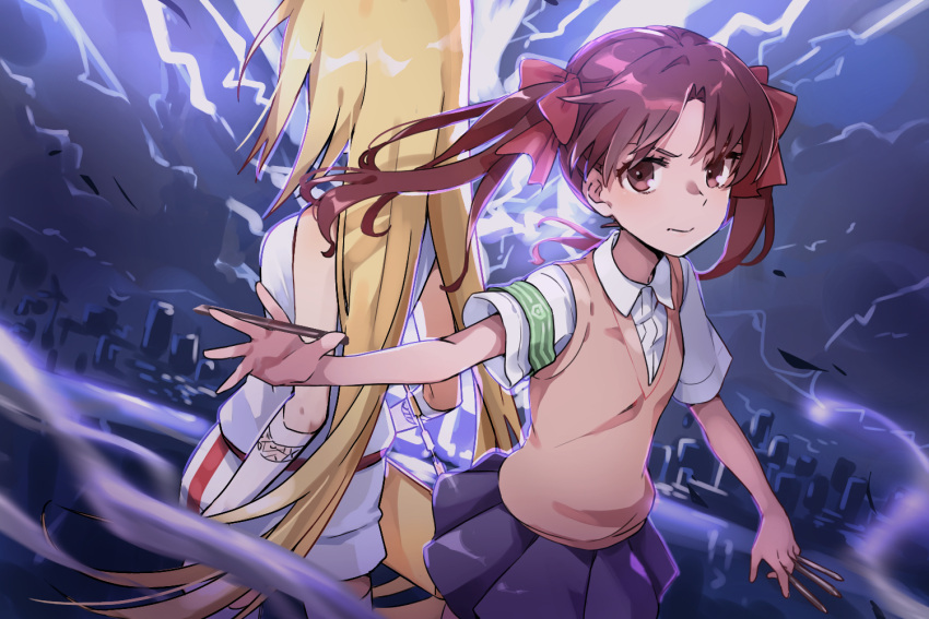2girls, armband, back-to-back, bag, black_skirt, blonde_hair, brown_eyes, brown_hair