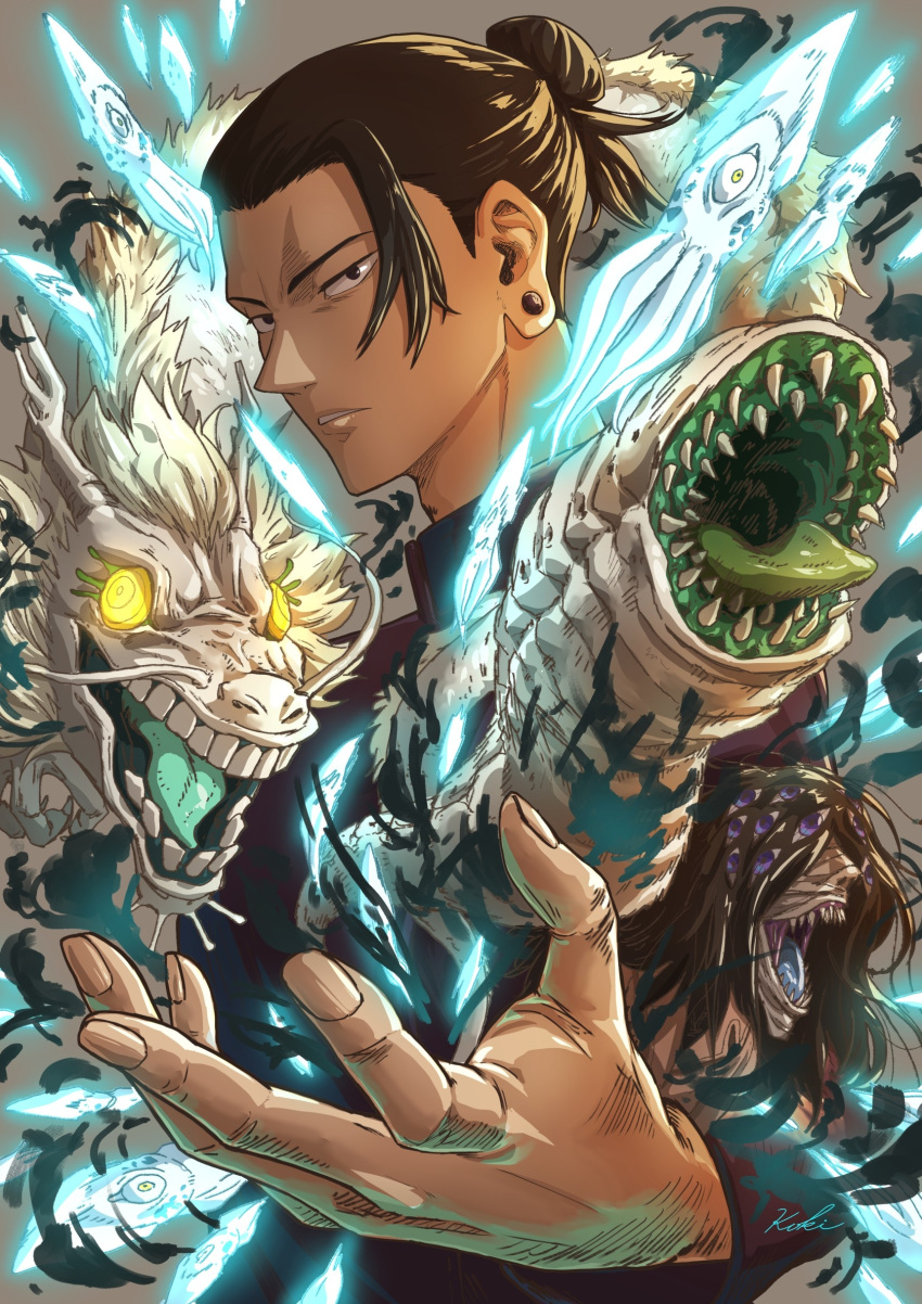 1boy, absurdres, black_eyes, black_hair, dragon, earrings, forehead, getou_suguru