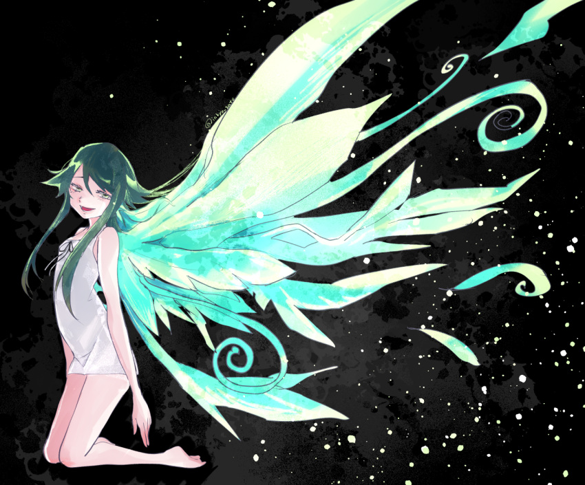 1girl, barefoot, dress, flat_chest, green_eyes, green_hair, hair_flaps, inkyo_sato