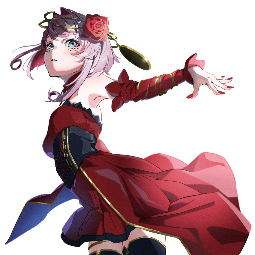 1girl, absurdres, aqua_eyes, black_corset, breasts, colored_inner_hair, commentary_request, corset