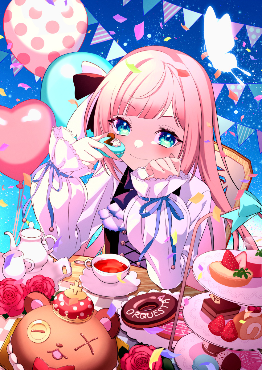 1boy, 1girl, absurdres, balloon, blue_eyes, blush, cake, clock_over_orquesta