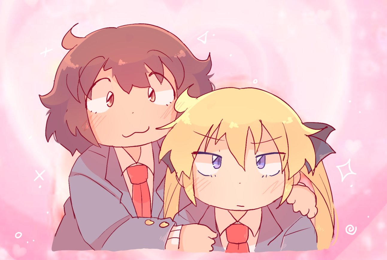 2girls, blonde_hair, blue_eyes, blush, brown_eyes, brown_hair, couple, half-closed_eyes