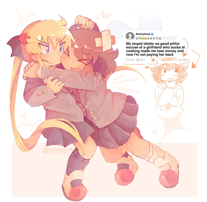 2girls, anger_vein, angry, blonde_hair, blue_eyes, blush, brown_hair, clenched_hand