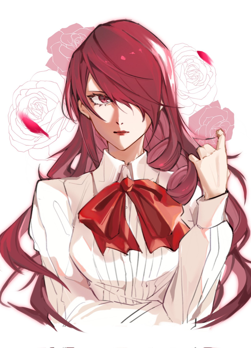 bow, bowtie, closed_mouth, commentary, english_commentary, floral_background, gekkoukan_high_school_uniform, hair_over_one_eye
